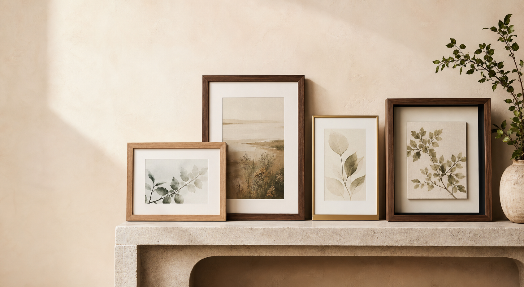 Four custom picture frames in oak, walnut, brass, and shadow-box styles
